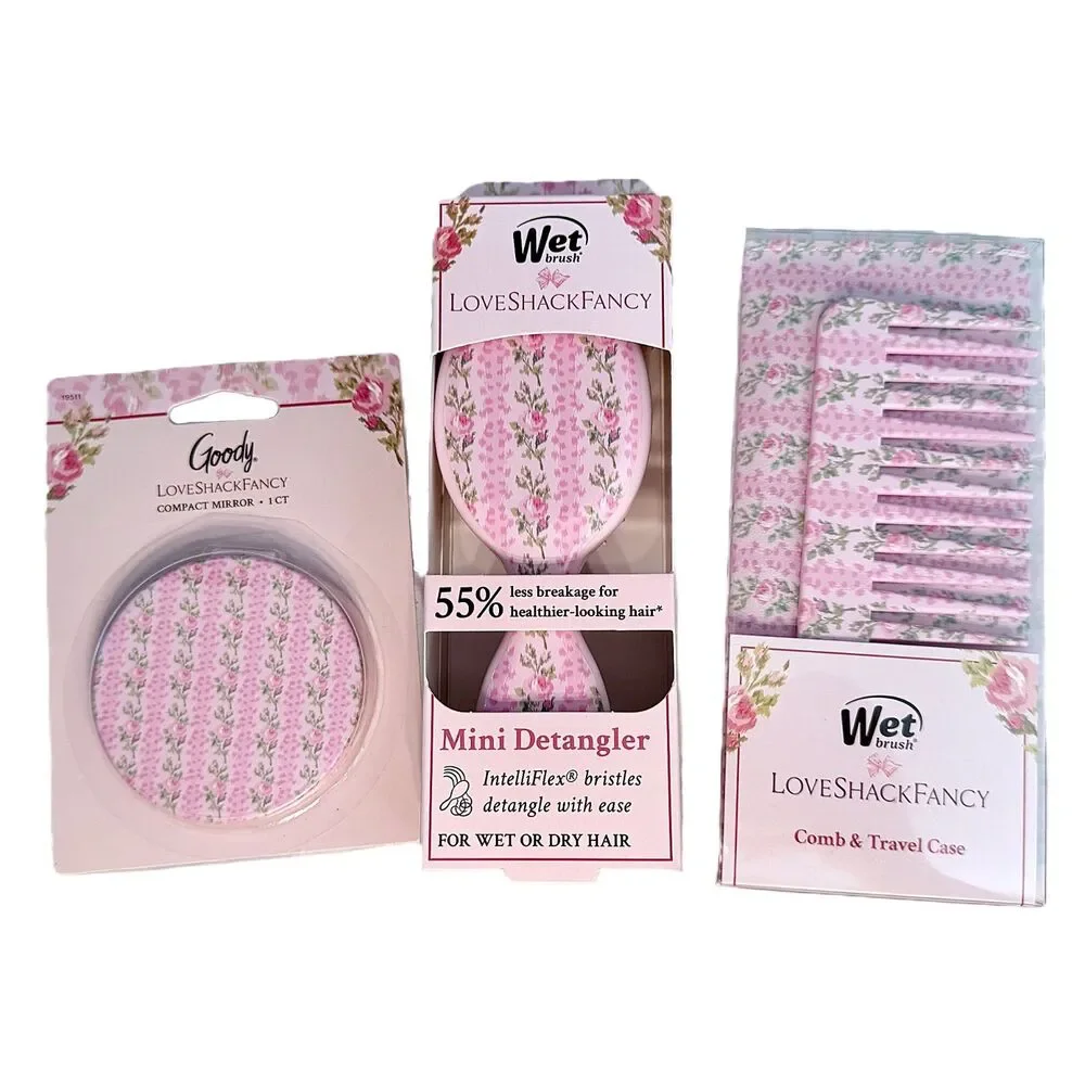 LoveShackFancy Pink Floral 3 Pc Beauty Set Wet Brush Mirror Comb NWT